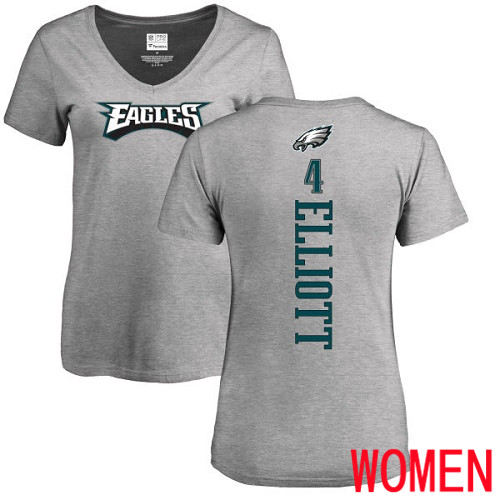 Women Philadelphia Eagles #4 Jake Elliott Ash Backer V-Neck NFL T Shirt->nfl t-shirts->Sports Accessory